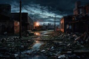 Hyperrealism dark abandoned city dirt trash everywhere background photo