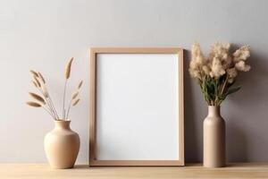 Empty wooden picture frame mockup in home interior design background photo