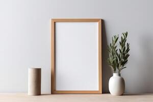 Empty wooden picture frame mockup in home wall interior design background photo