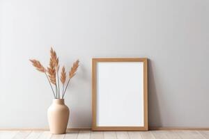 Empty wooden picture frame mockup in home hanging in the wall background photo