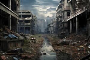 Hyperrealism dark abandoned city dirt trash everywhere background photo