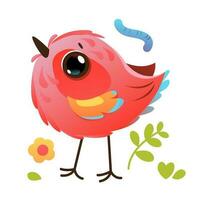 Cute funny bird. Birds with worm and flower. Vector animal character in cartoon style.