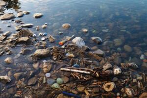 ai generado orgánico basura en el río antecedentes foto