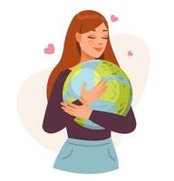 A woman embraces the planet earth. Ecology concept. Save the earth. Cartoon vector illustration.