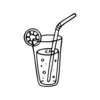 Doodle of cocktail with slice of lime isolated on white background. Hand drawn vector illustration of freshness beverage.
