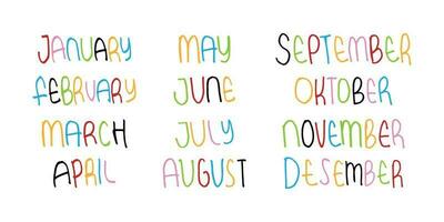 month names in colorful handwriting vector