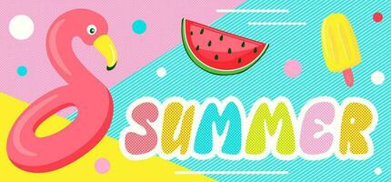 Colorful summer banner design with cute lettering, slice watermelon and flamingo. Horizontal template for poster, greeting card, header for website. vector