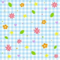 Cute Doodle Flower Floral Ditsy Leaf Star Mini Heart Confetti Sprinkle Sparkle Shine Dot Color Colorful Pastel Blue Gingham Scott Checkered Plaid Tartan Seamless Pattern Spring Summer Background vector