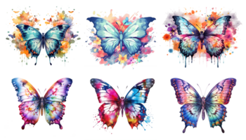 Watercolor colorful butterflies, isolated on transparent background, Set of watercolor illustrations. png