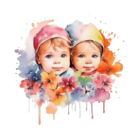 Colorful Watercolor sublimation Twin Baby with flowers Bouquet for t shirt design. png