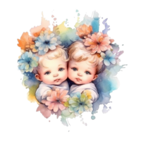 Colorful Watercolor sublimation Twin Baby with flowers Bouquet for t shirt design. png