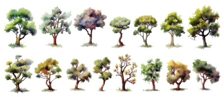un' collezione di trasparente acquerello alberi. generativo ai png