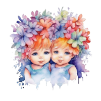 Colourful Watercolor sublimation Twin Baby with flowers Bouquet for t shirt design. png