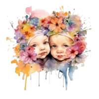 Colorful Watercolor sublimation Twin Baby with flowers Bouquet for t shirt design. png