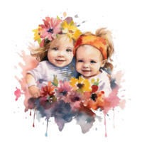 Colorful Watercolor sublimation Twin Baby with flowers Bouquet for t shirt design. png