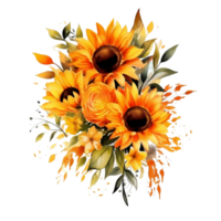 Sunflower and eucalyptus leaves bouquet. Watercolor floral for decoration, fabric, greeting, cards. png