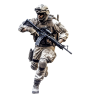 transparent Soldat im Kampf Gang, Angriff Gewehr bereit, mit Teller Träger und Kampf Helm. dynamisch Studio Schuss, einnehmend Attacke Modus. generativ ai png