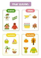 Learning four seasons for kids. Colorful educational worksheet. vector