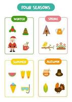 Learning four seasons for kids. Colorful educational worksheet. vector