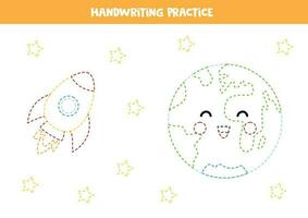 Tracing lines for kids. Cute cartoon Earth and rocket. Writing practice. vector