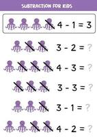 Subtraction with cute purple octopus. Educational math game for kids. vector