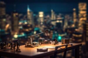 Blurred office workspace in the night view background photo