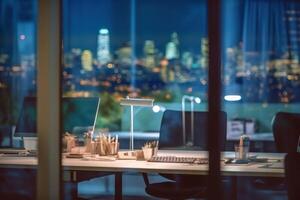 Blurred office workspace in the night view background photo