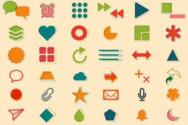 Set of geometric shapes. Colorful cute screen printing effect. Riso print effect. Vector. Graphic element  for fabric, textile, clothing, wrapping paper, wallpaper, poster, logo.