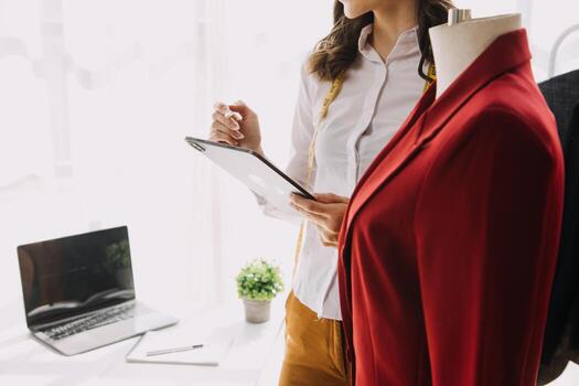 Moda diseñador l joven asiático mujer trabajando utilizando computadora portátil, tableta y sonriente mientras en pie en taller respondiendo en negocio foto