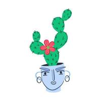 Cactus houseplant. Indoors thorny plant in flowerpot. Ancient Greek style head as a flowerpot. Hand drawn flat style vector illustration.