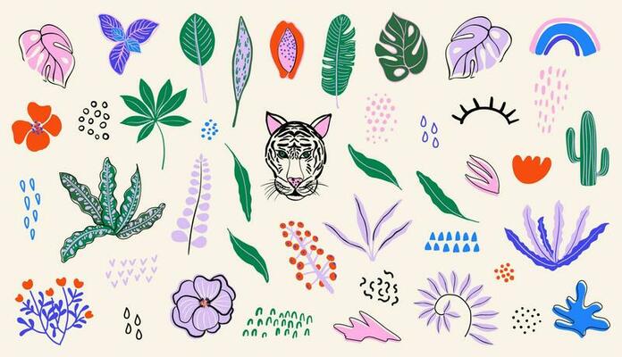 Abstract modern plants and shapes set. Tropical flowers and leaves, cute textures. Botanical elements. Flat style hand drawn vector illustrations.