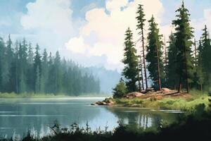 lake view with forest and river background photo