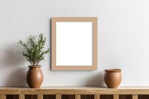 Empty wooden picture frame mockup in home hanging in the wall background photo