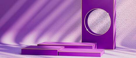 A purple wall with a round circle and a purple texture EID background. Branding and packaging presentation. geometry form 3 square molding on podium stage photo