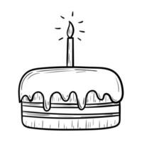 Cartoon birthday cake with icing and candle, vector isolated doodle illustration.