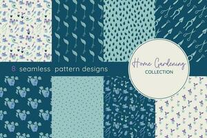 Set of gardening seamless patterns. Vector illustrations of garden elements. Cute minimalistic retro backgrounds.