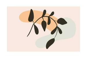 Abstract vector floral background with black branch with leaves and paint blots.