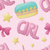 Childish cute seamless pattern. Birthday cake for baby girl, stars and bows. Cartoon vector illustration.