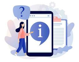 Info symbol in smartphone app. Information center online. Customer support, useful information, guides, frequently asked questions. Modern flat cartoon style. Vector illustration on white background