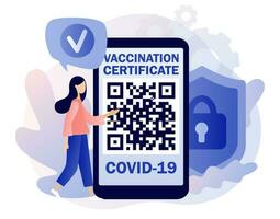 Vaccine passport. Vaccination certificate in smartphone app. People health passport of vaccination for covid-19. Travel during Coronavirus pandemic. Modern flat cartoon style. Vector illustration