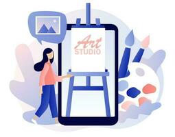 Artist. Art school or studio online. Tiny woman artist with canvas on easel on smartphone screen, pallete and brushes. Art workshop. Create picture. Modern flat cartoon style. Vector illustration