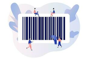 Big bar code. Handheld barcode scanner. Tiny people scan bar-code. Modern flat cartoon style. Vector illustration on white background