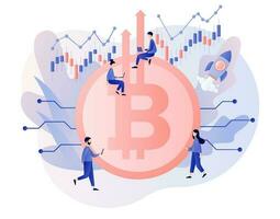 Bitcoin big coin price skyrocket. Bull market concept with spaceship flying upwards. Rate growth. Tiny people cryptocurrency investor. Modern flat cartoon style. Vector illustration on white backgroud