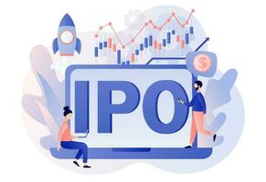 IPO concept. Initial public offering. Tiny people investors ivest stock market shares online. Company growth. Passive income. Investment. Modern flat cartoon style. Vector illustration