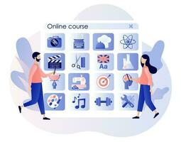 Online courses.E-learning concept. Distance education. Tiny people learn, watch webinars on online service or platform. Modern flat cartoon style. Vector illustration on white background