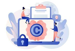 Copyright. Intellectual property. Tiny authors protecting idea's legal information with trademark online. Trading data licenses. Modern flat cartoon style. Vector illustration on white background