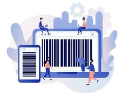 Bar code in smartphone app and laptop screen. Handheld barcode scanner. Tiny people scan bar-code. Modern flat cartoon style. Vector illustration on white background