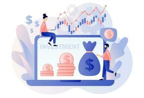 Investment and business concept. Investor strategy. Money tree as metaphor of income and revenue. Tiny people grow financial capital online. Modern flat cartoon style. Vector illustration