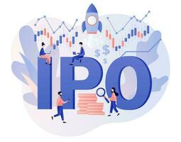 IPO concept. Initial public offering. Tiny people investors ivest stock market shares. Company growth. Passive income. Investment. Modern flat cartoon style. Vector illustration on white background