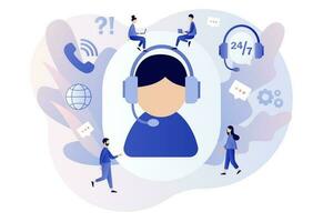 Customer service. Call center. Online support concept. Hotline operator in headset big sign consults client. Modern flat cartoon style. Vector illustration on white background